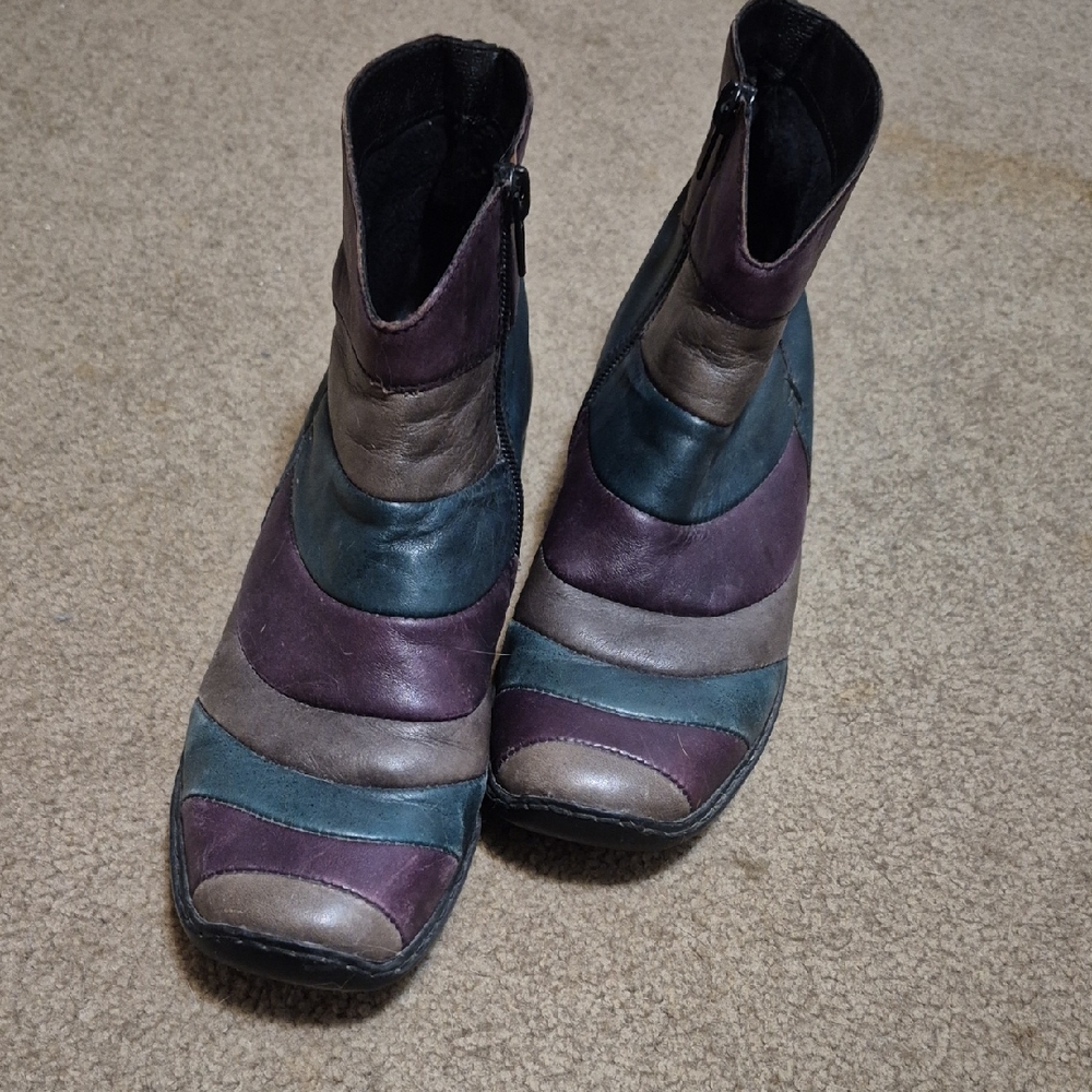 Rieker Women's Multi-Tone Leather Ankle Boots in Plum, Teal, and Gray